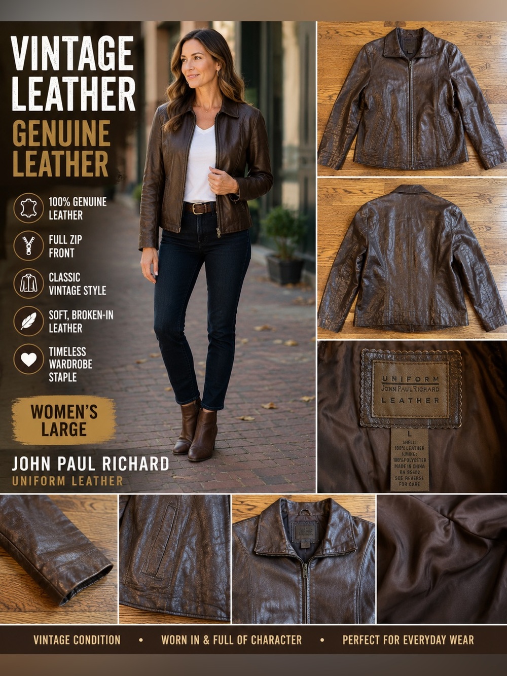 Vintage John Paul Richard Jacket Brown Genuine Leather Women’s Large